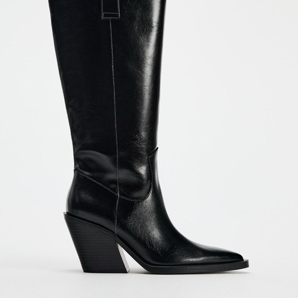 ZARA NEW Black Leather Knee-High Cowboy Boots